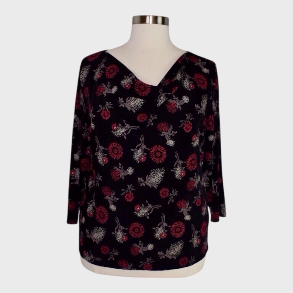 Briggs Floral Draped Neck Top Black Red 3/4 Sleeve Blouse